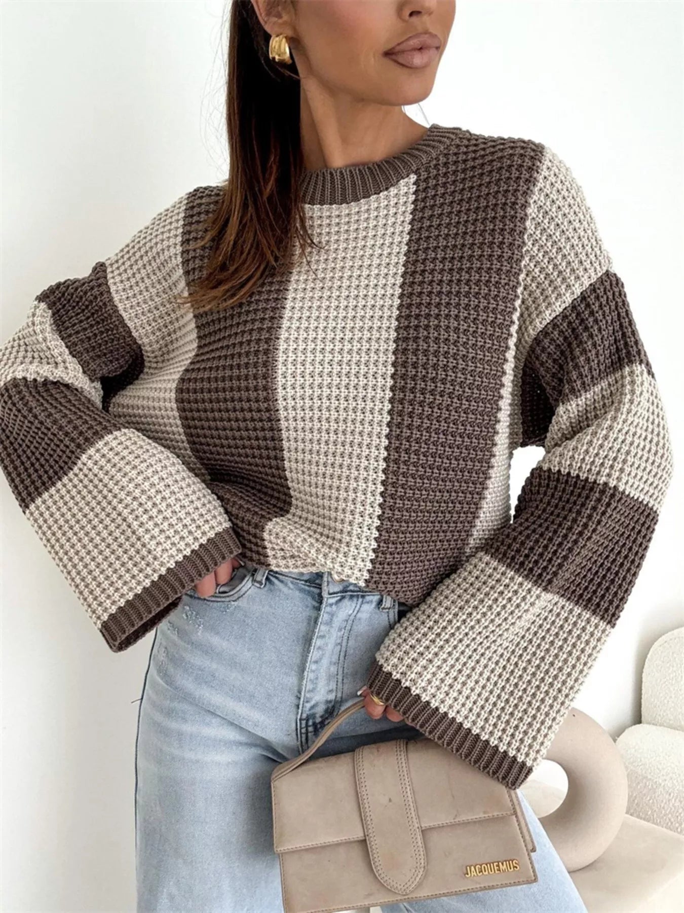 Color Block Long Sleeve Sweater – Trendy Casual Knitwear