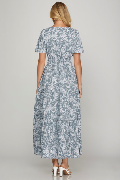 She + Sky Printed Notched Woven Tiered Pintuck Maxi Dress with Side Pockets