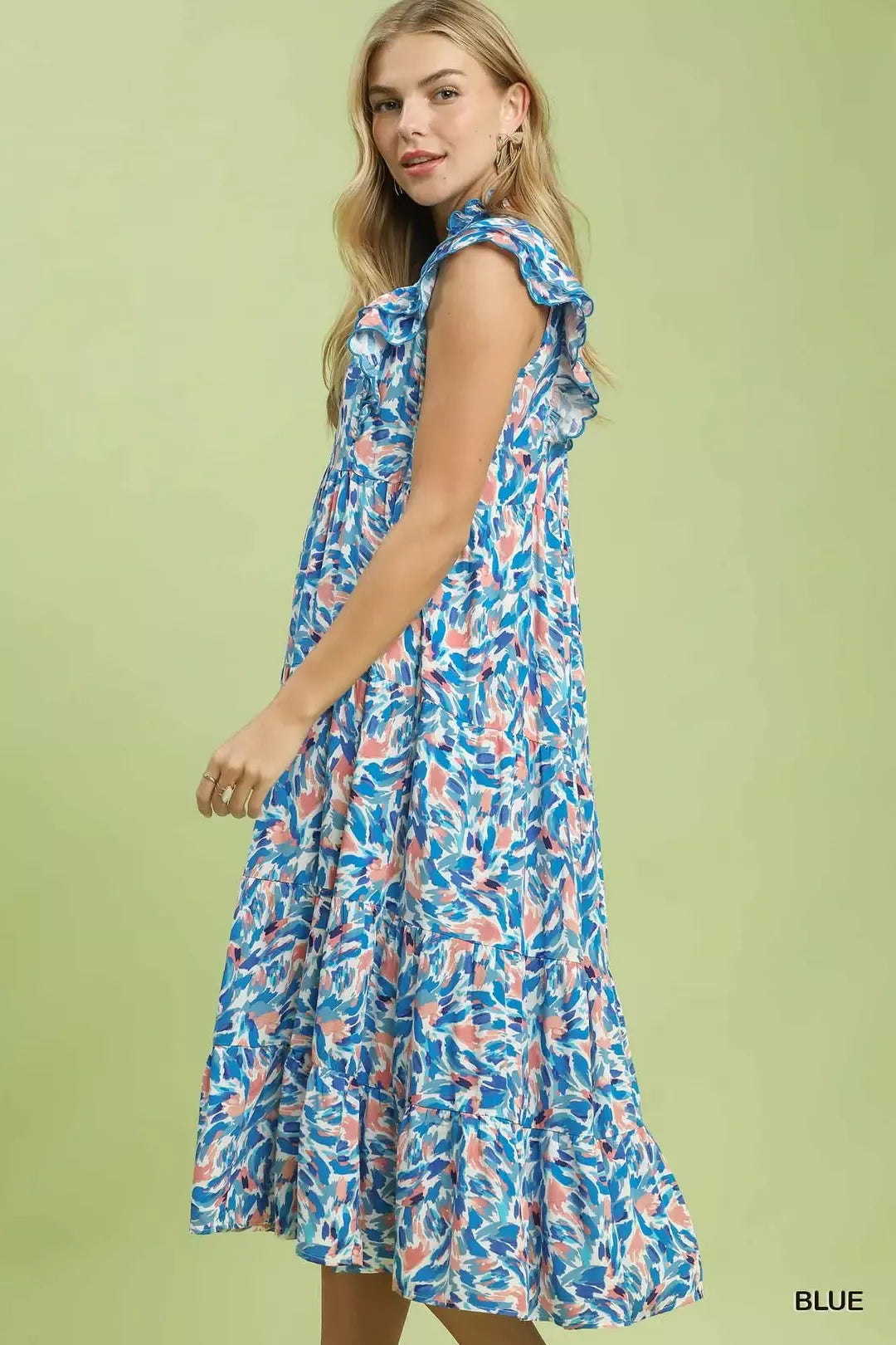 Blue tropical print tiered midi dress with V-neck and bow-tied ruffle sleeves