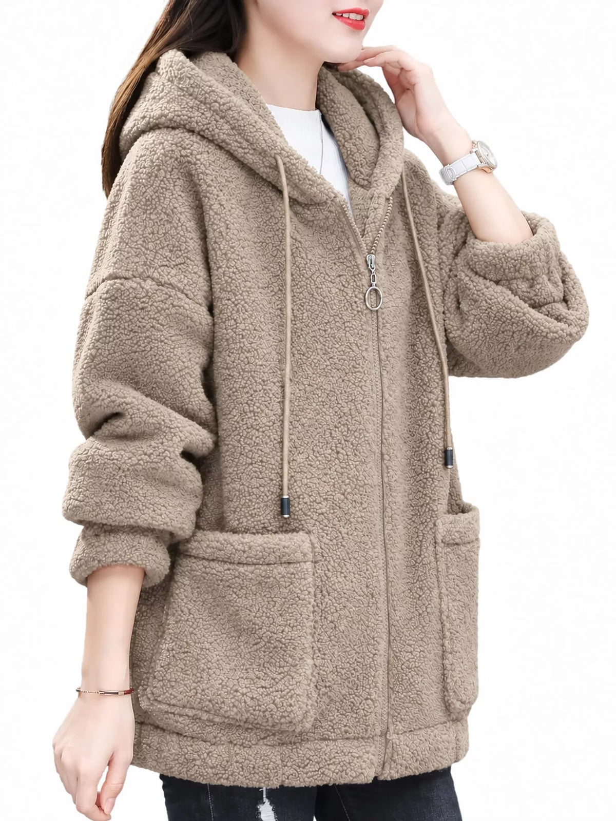 Beige fleece zip-up hoodie with drawstring hood, zipper pull, and front patch pockets.