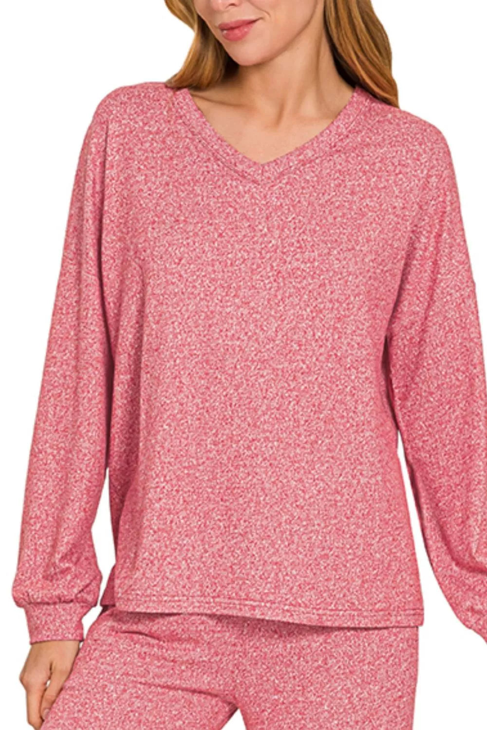 Zenana heathered knit V-neck long-sleeve top in dk red, relaxed fit