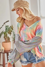 V-Neck Tie-Dye French Terry Top with Shimmer – Trendy & Cozy