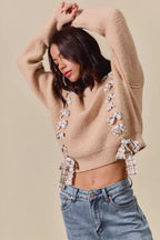 SO ME Checkered Plaid Lace Up Sweater – Trendy Ribbed Knit Style