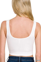 White Ribbed Crop Tank Top Scalloped Neckline Stretchy Fit