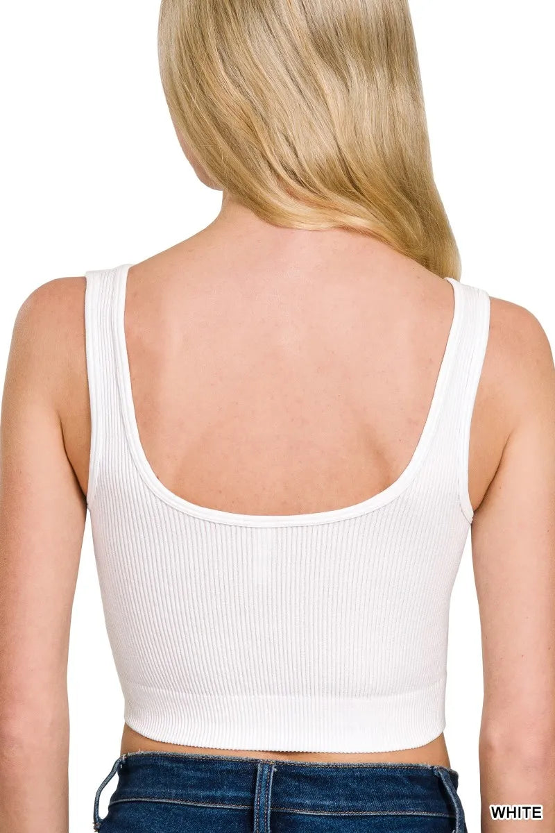 White Ribbed Crop Tank Top Scalloped Neckline Stretchy Fit