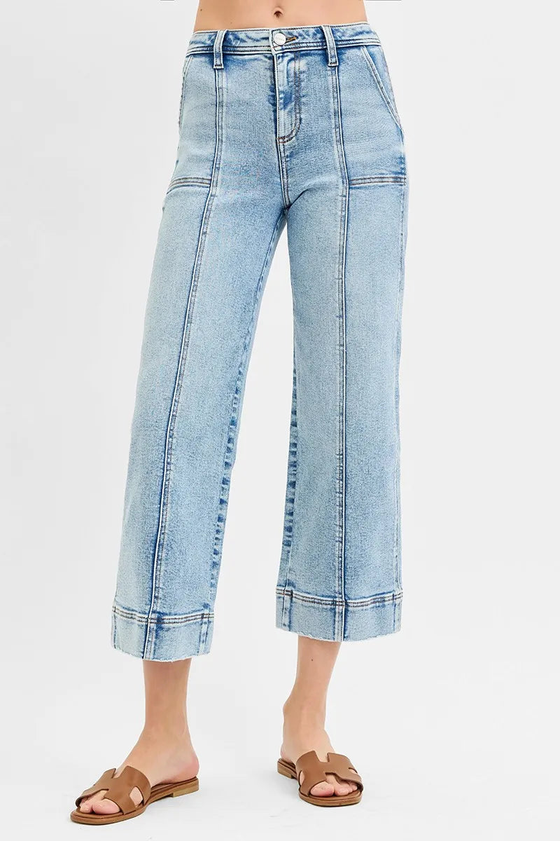 Light Wash Wide Leg Jeans – High Waist Contrast Stitch Cropped Fit