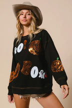 Halloween Sequin Pumpkin & Ghost Sweatshirt – Oversized Black Pullover