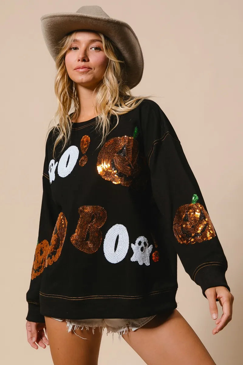 Halloween Sequin Pumpkin & Ghost Sweatshirt – Oversized Black Pullover