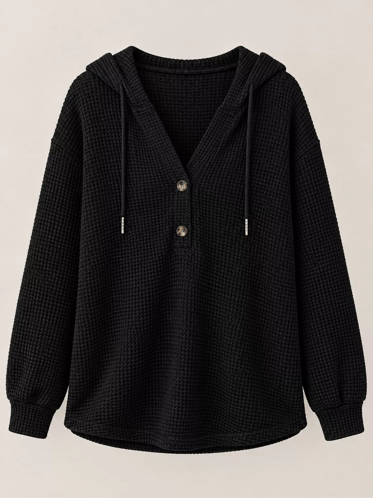 Black waffle-knit button hoodie with hood, drawstrings, and snap front buttons