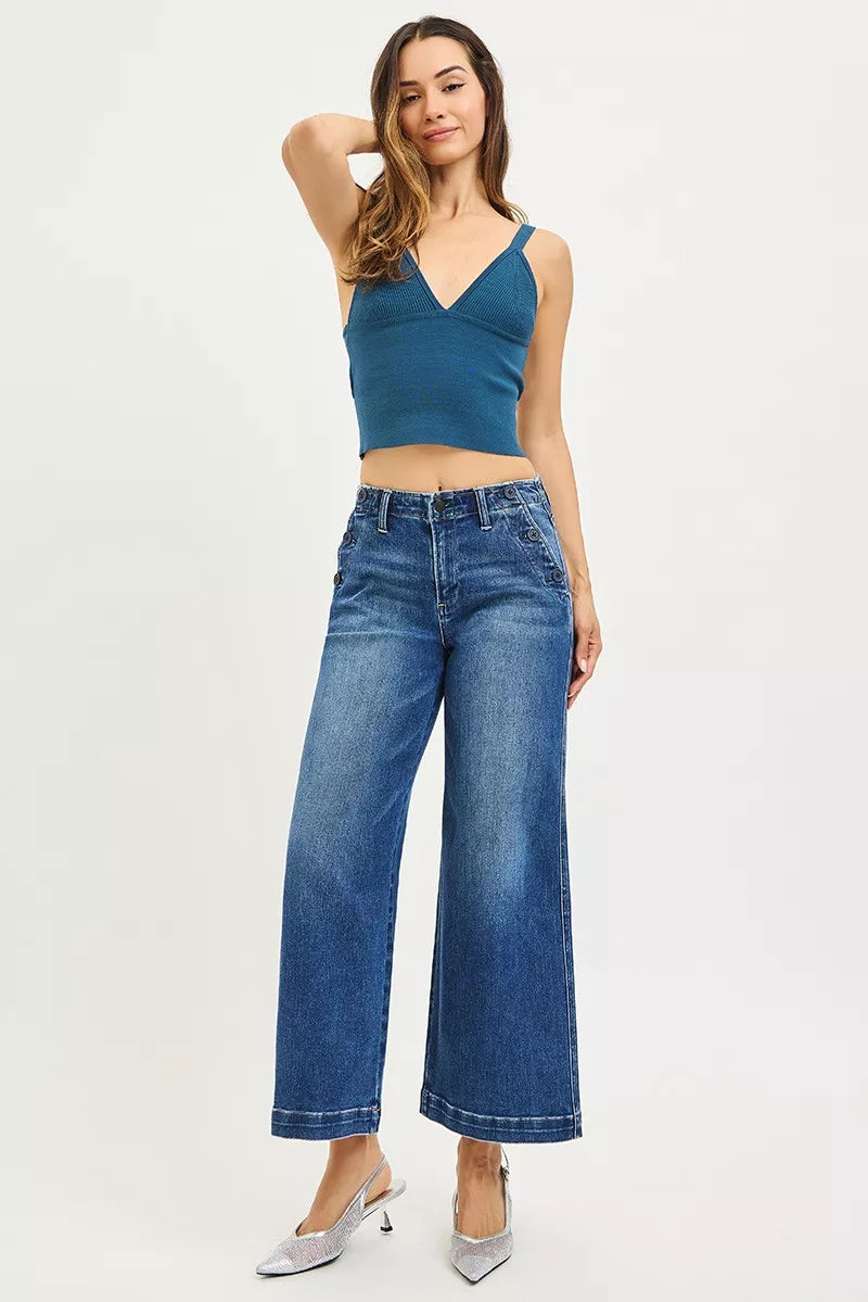 High-rise wide-leg blue denim jeans, full view of the wide leg