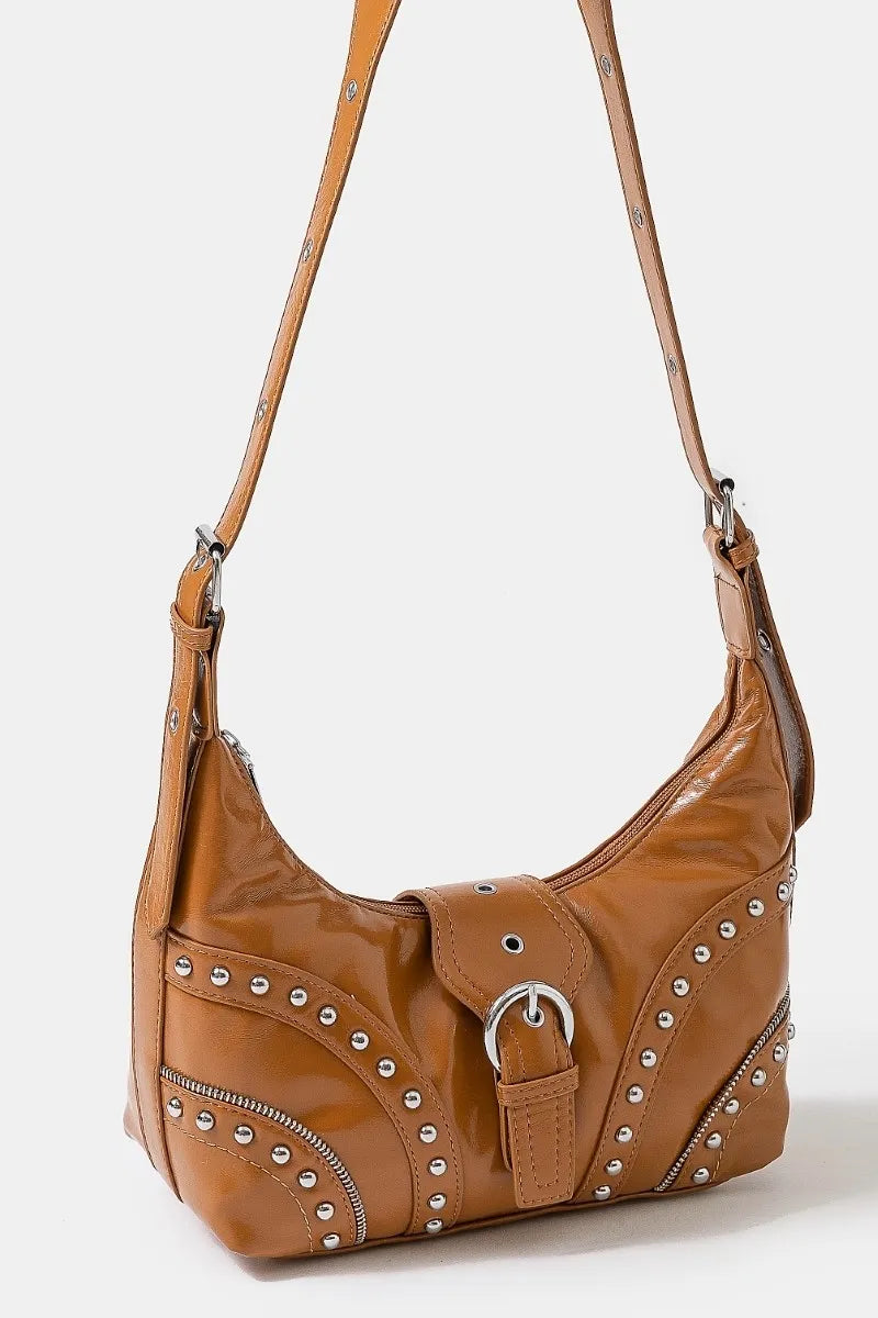Fame Faux Leather Shoulder Bag Studded Trim Chic Edgy Style