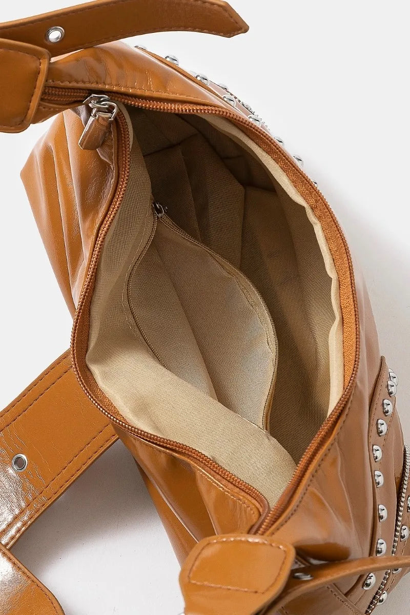 Fame Faux Leather Shoulder Bag Studded Trim Chic Edgy Style