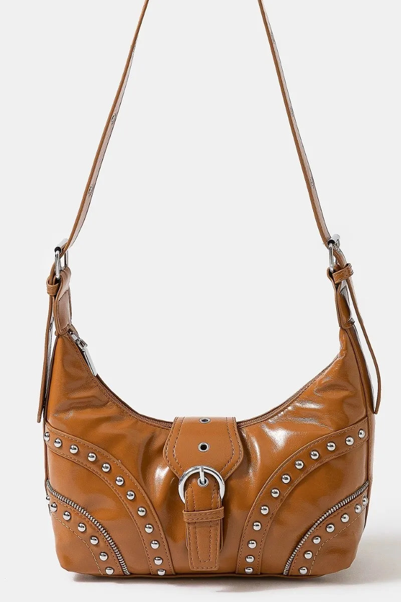 Fame Faux Leather Shoulder Bag Studded Trim Chic Edgy Style