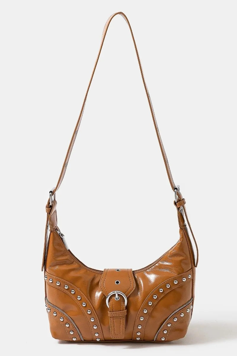Fame Faux Leather Shoulder Bag Studded Trim Chic Edgy Style