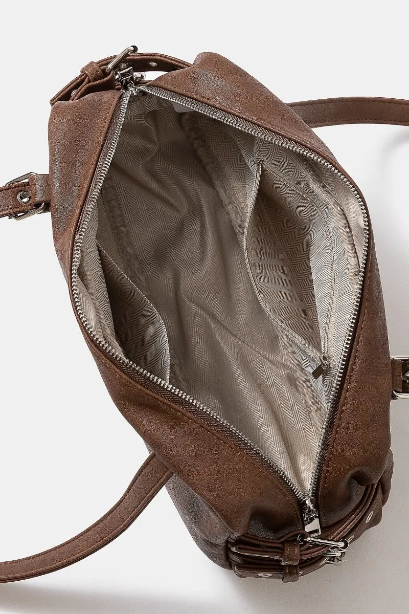 Fame Rustic Rectangular Handbag Multi-Grommet Belt Strap Detail