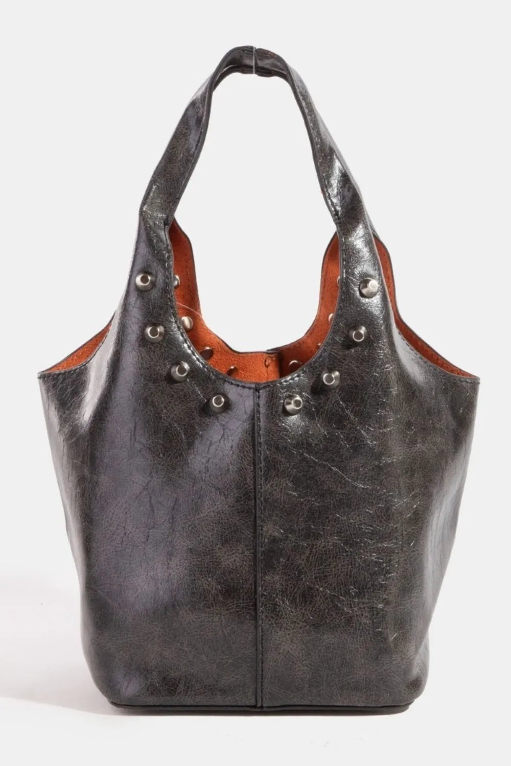 Fame Weathered Faux Leather Bucket Bag with Studs Edgy Stylish Carryall