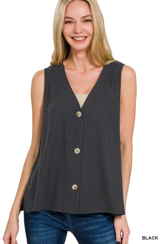 Zenana Side Slit Vest – Sleeveless Button-Front V-Neck Layer
