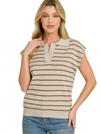 Striped polo-collar sweater vest, tan knit with brown stripes and buttoned front placket