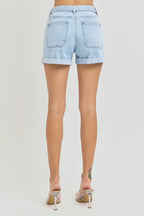 Dreamkue-Risen Women’s High Rise Belted Roll Up Denim Shorts Casual Shorts