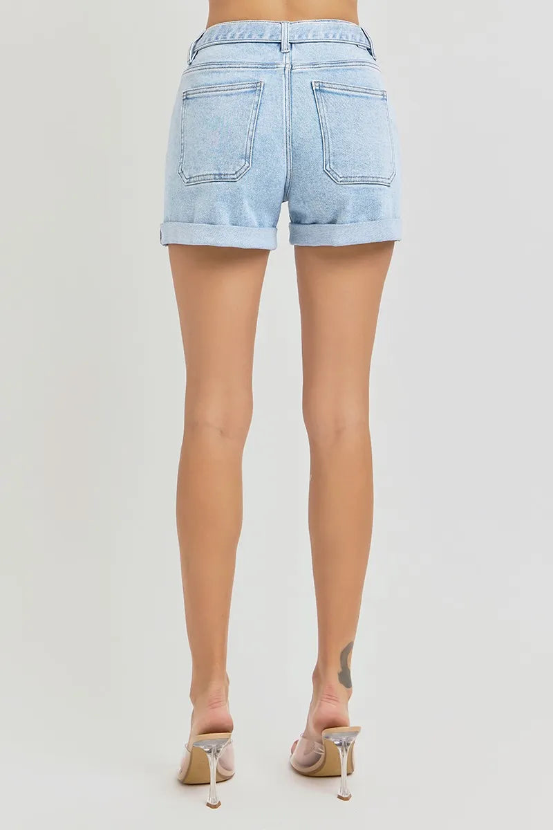 Dreamkue-Risen Women’s High Rise Belted Roll Up Denim Shorts Casual Shorts