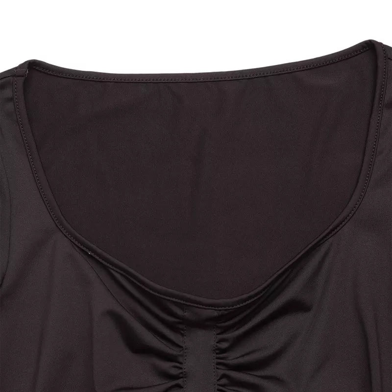 Ruched scoop-neck bodysuit neckline with gathered center seam, dark fabric