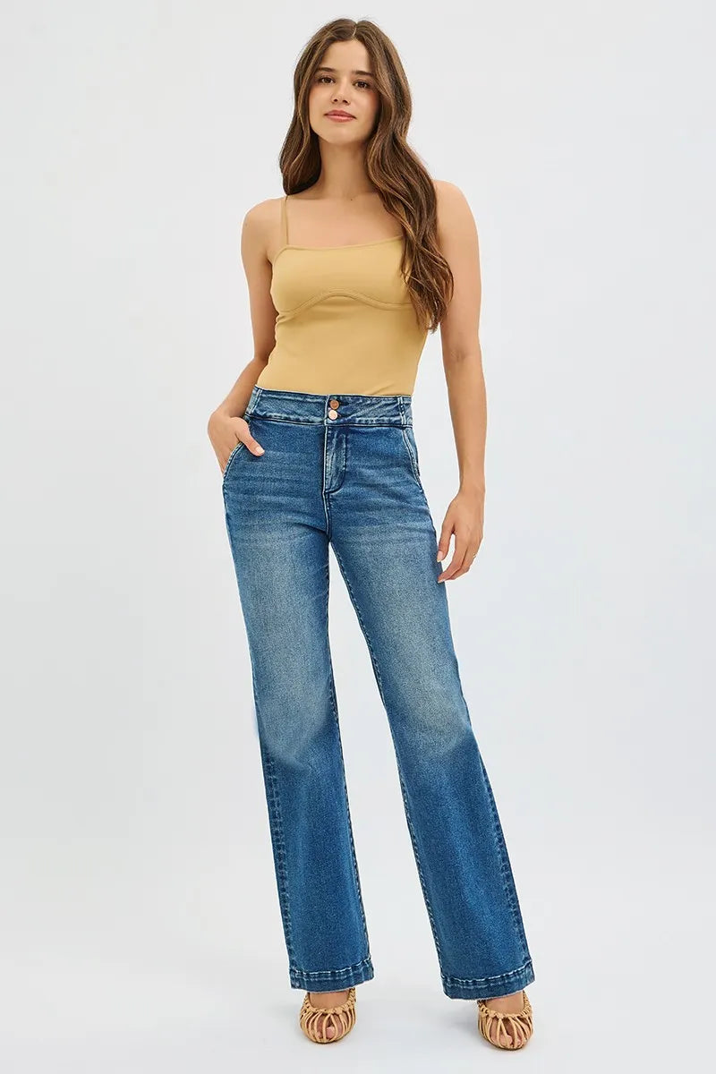 Tummy Control High Rise Bootcut Jeans – Slimming Double Button Fit