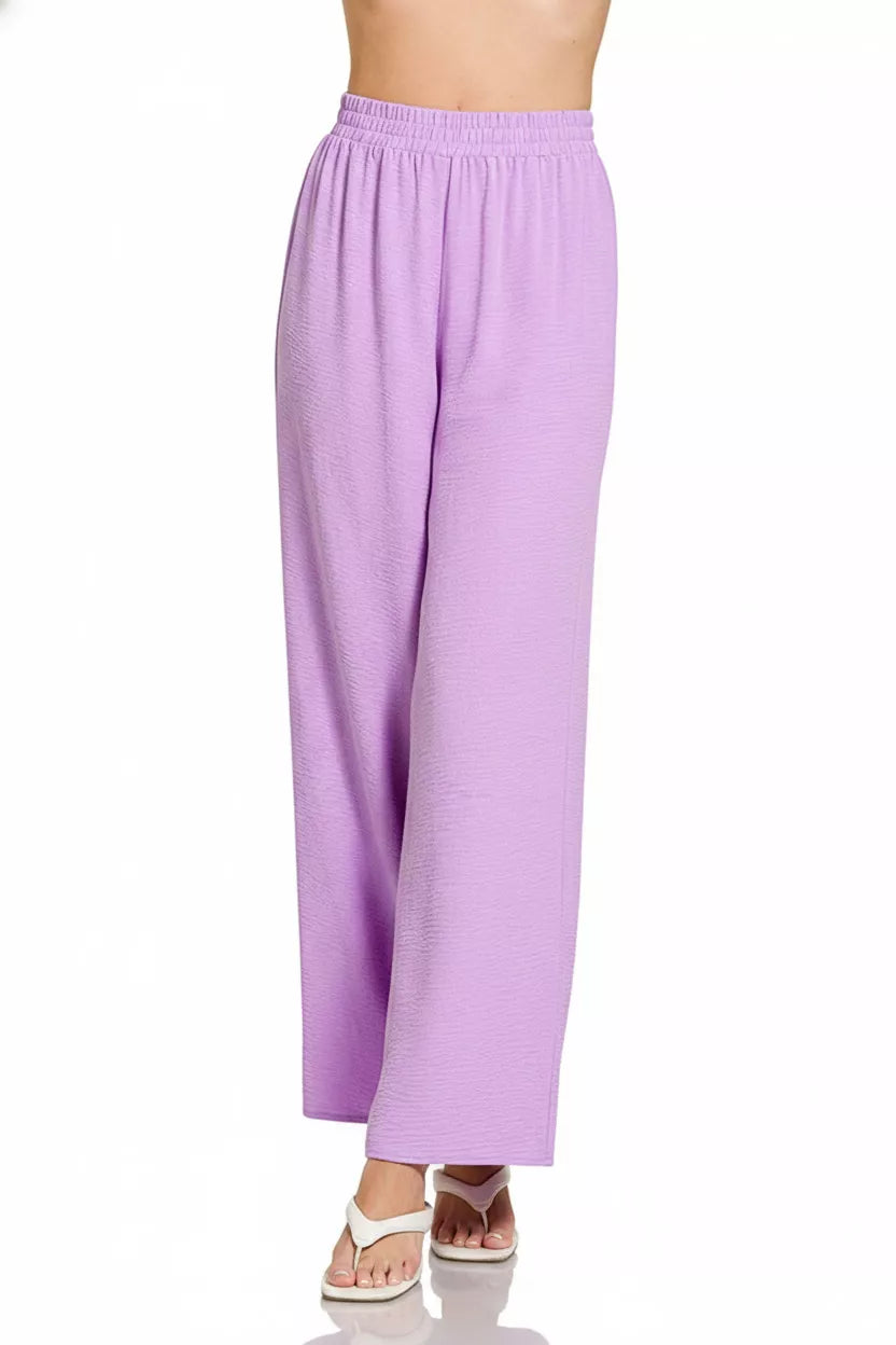 Lavender women's wide-leg pants with elastic waistband, relaxed straight-leg fit