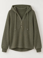 Olive green waffle-knit hoodie with hood and two-button front