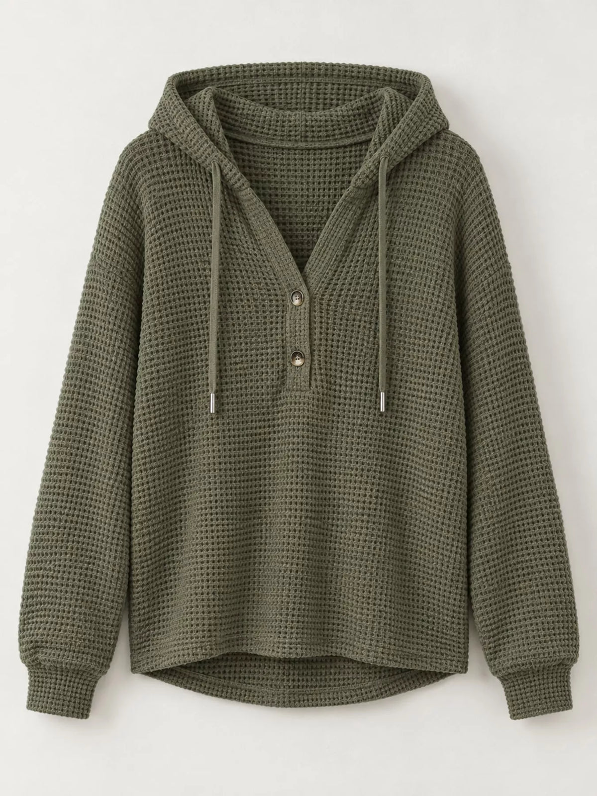 Olive green waffle-knit hoodie with hood and two-button front