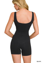 Black ribbed seamless sleeveless romper with scoop back and fitted short legs