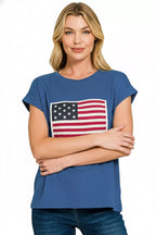 Light navy womens round-neck T-shirt with American flag front print, short sleeves