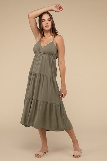 Zenana Woven Sweetheart Neckline Tiered Cami Midi Dress