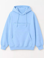 Light blue cat-pouch hoodie, front kangaroo pocket and drawstring hood