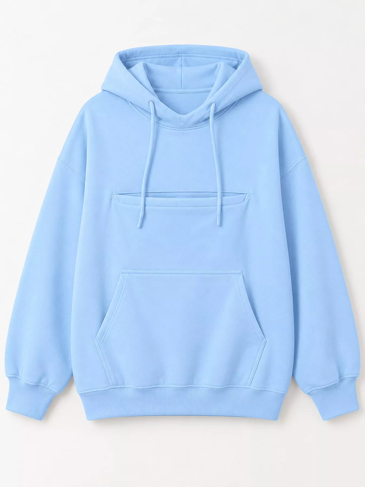Light blue cat-pouch hoodie, front kangaroo pocket and drawstring hood