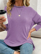 Side Slit Round Neck Dropped Shoulder Sweatshirt – Relaxed Casual Fit
