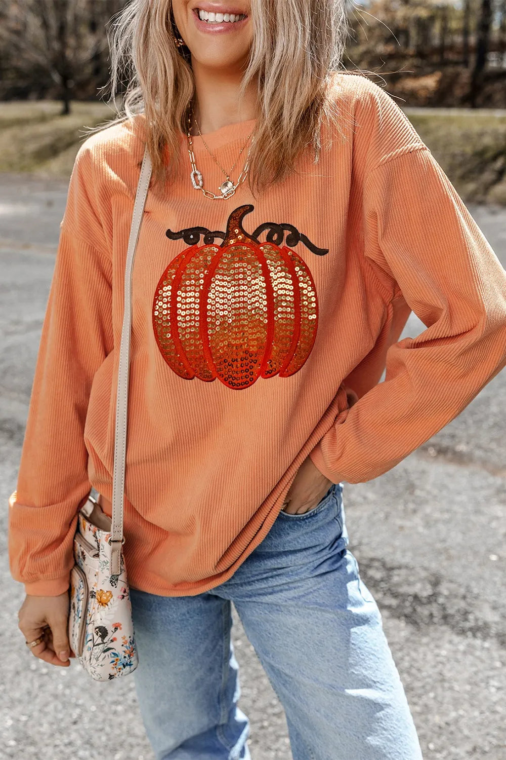 Sequin Pumpkin Round Neck Long Sleeve Sweatshirt – Festive Fall Style