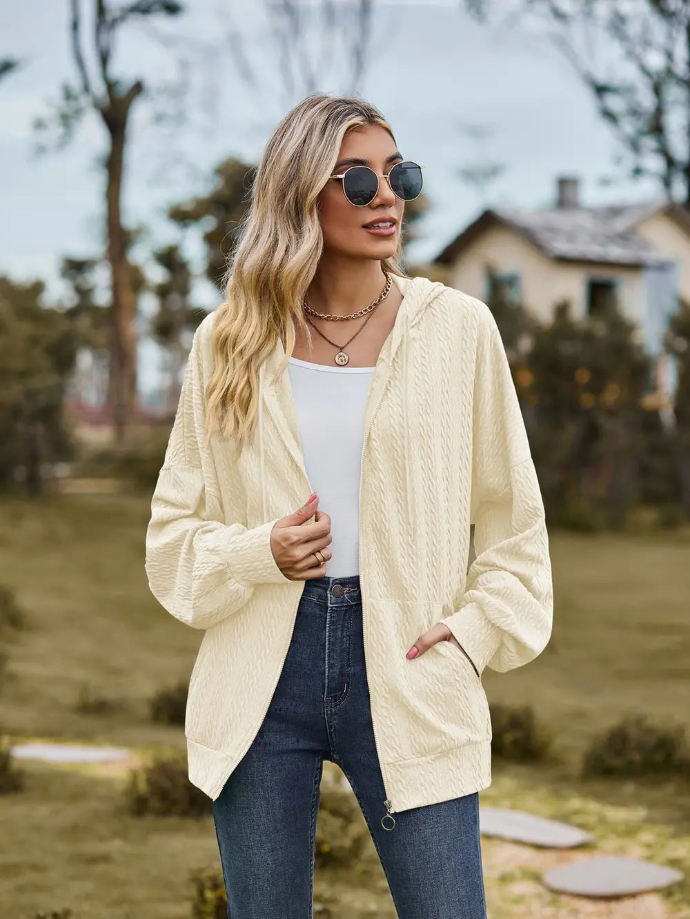 Zip Up Drawstring Long Sleeve Hooded Jacket – Casual Lightweight Layer