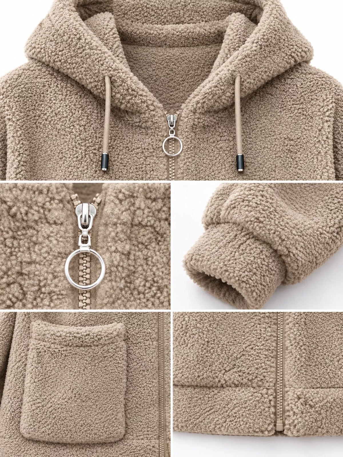 Beige fleece zip-up hoodie close-up: ring zipper pull, drawstring hood, patch pockets.