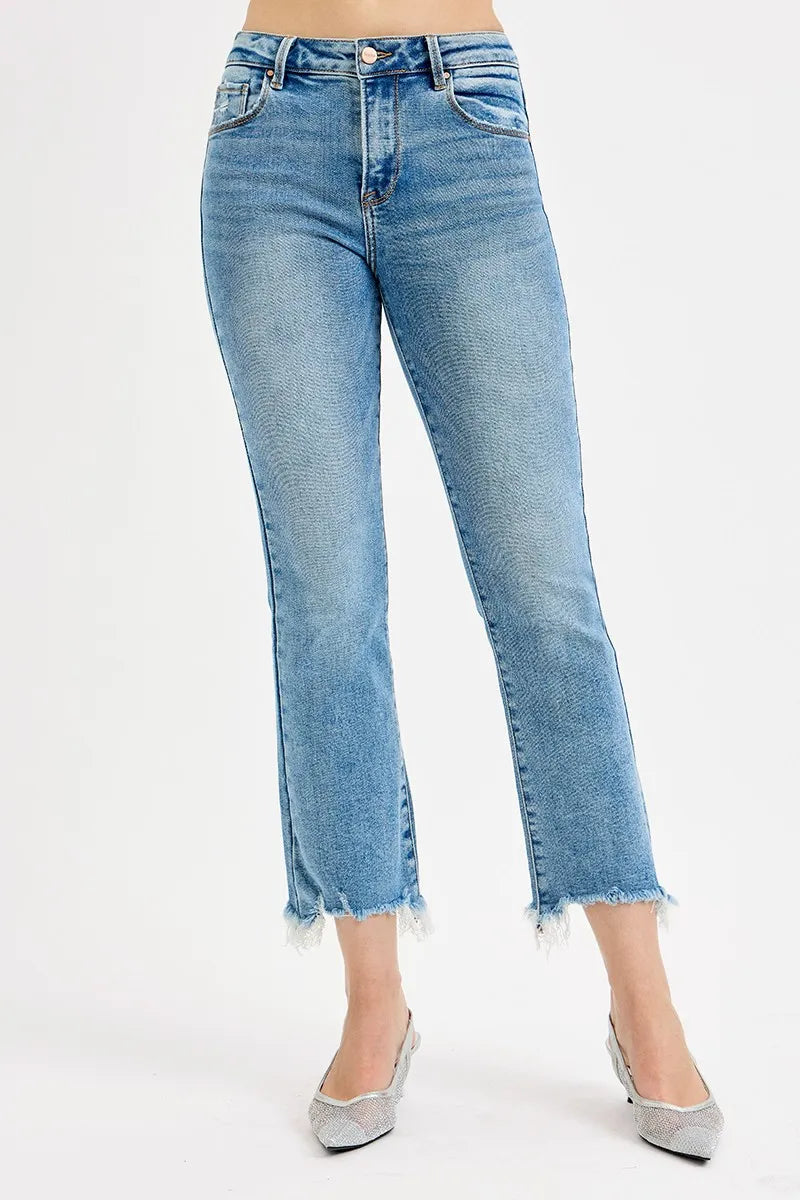 Cropped Straight Jeans – Mid Rise Light Vintage Wash with Raw Hem