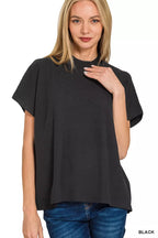 Women's black mock neck short-sleeve boxy knit sweater, ribbed texture
