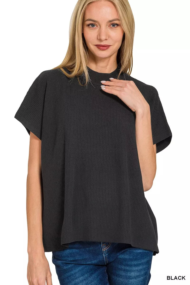 Women's black mock neck short-sleeve boxy knit sweater, ribbed texture