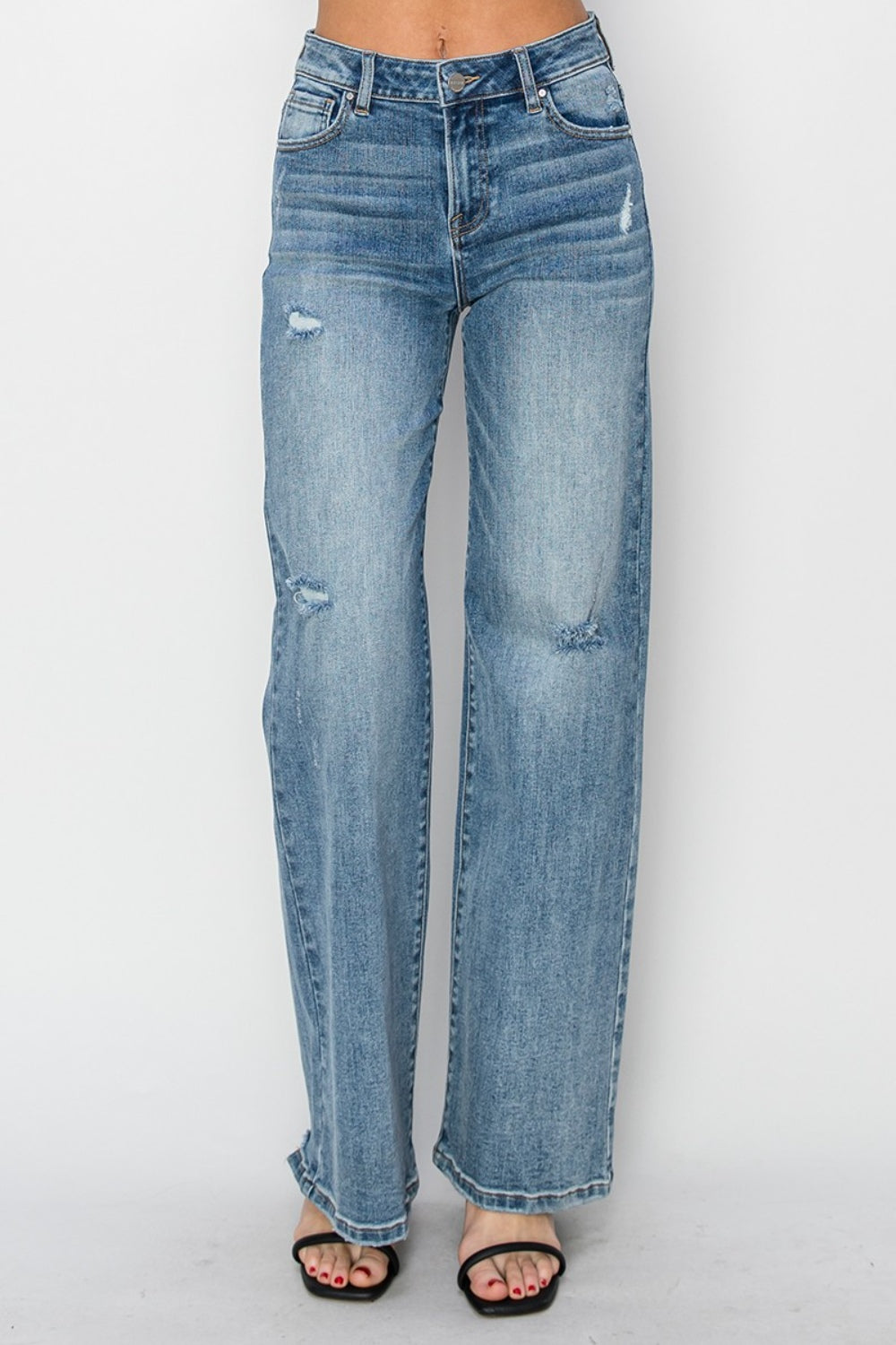 Risen High Waist Distressed Wide Leg Jeans