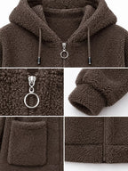 Brown fleece zip-up hoodie details: hood, zipper pull, and front pocket
