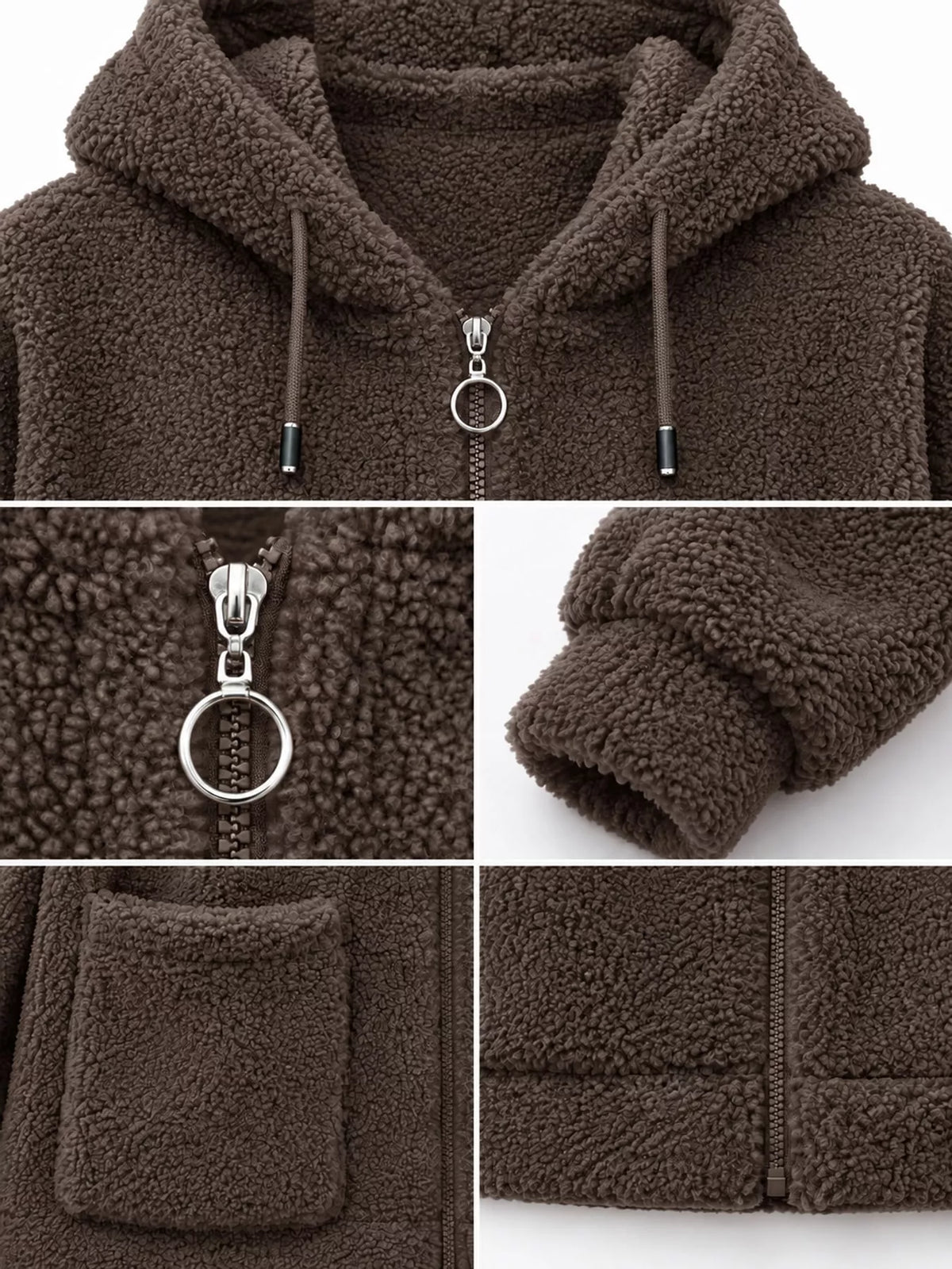 Brown fleece zip-up hoodie details: hood, zipper pull, and front pocket