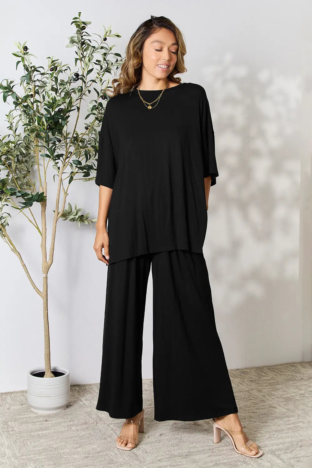 Chic Round Neck Slit Top & Pants Set – Stylish, Comfy & Versatile