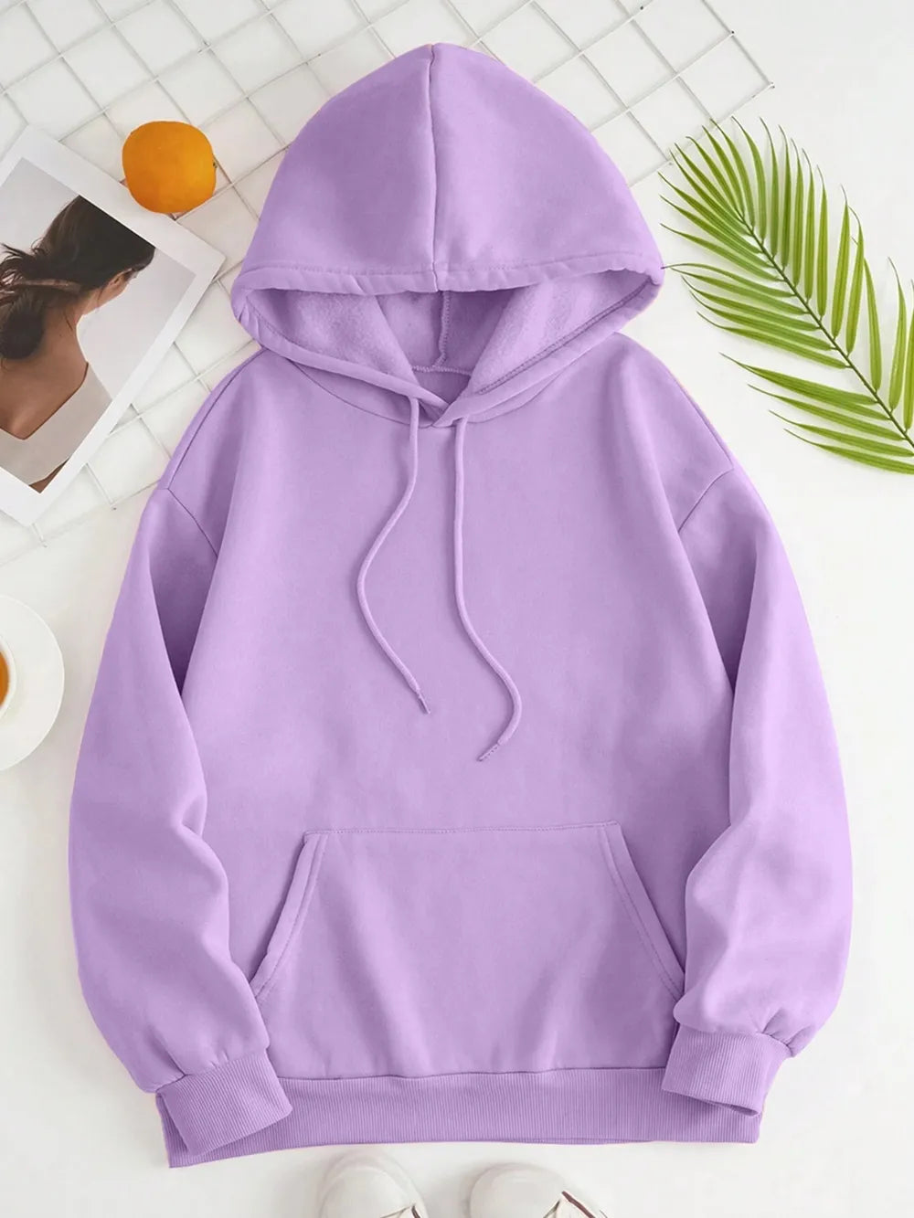 Lavender dropped-shoulder hoodie front with drawstring hood and kangaroo pocket
