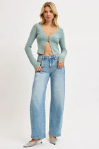 Mid Rise Wide Barrel Snap Hem Jeans | Versatile Trendy Denim
