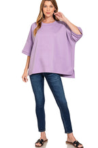 Lavender scuba round-neck top with wide short sleeves and loose fit