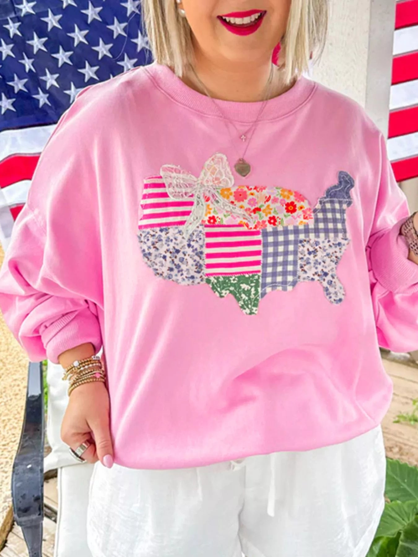 USA Map Patched Long Sleeve Sweatshirt – Casual Patriotic Style