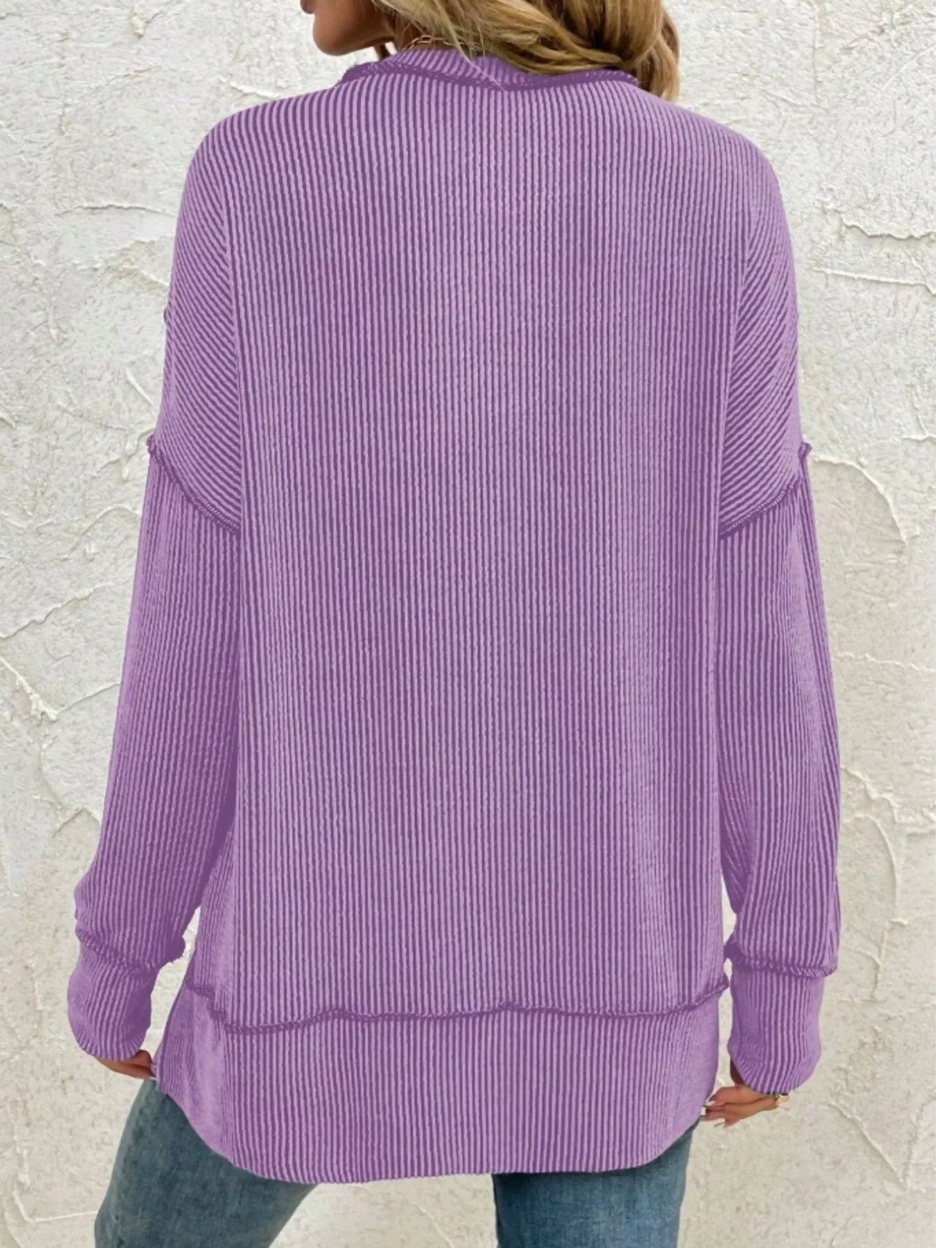 Side Slit Round Neck Dropped Shoulder Sweatshirt – Relaxed Casual Fit